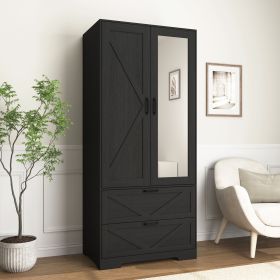 2 Door Wood Wardrobe for Bedroom with Hanging Clothing Rod inside the Cabinet and 2 Drawers for Storage Organization, Built-in induction light Multif