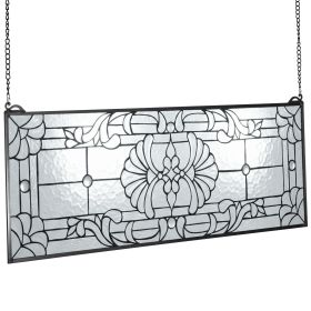 Stained Glass Window Panel, 35.2" x 13" Tiffany Style Hanging Transom Window Panel with Chain, Large Horizontal Rectangle Stain Glass, Vintage Tradit