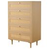 5 Drawer Rattan Dresser, Modern Closet Dresser for Bedroom, Natural Rattan Chest of Drawers with Metal Handles & Wooden Legs, Chest Clothing Organize