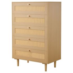 5 Drawer Rattan Dresser, Modern Closet Dresser for Bedroom, Natural Rattan Chest of Drawers with Metal Handles & Wooden Legs, Chest Clothing Organize