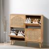 2 rows of 4 dump buckets with high feet arched rattan surface shoe cabinet density board with triamine 105*24*98cm original wood color
