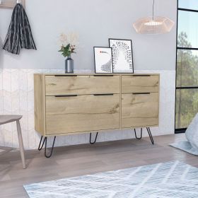 Double Dresser Skyoner, Superior Top, Hairpin Legs, Four Drawers, Light Oak Finish