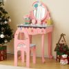 Kids Vanity Table and Chair Set with 7pcs Pretend Play Makeup Toys, Girls Vanity with Mirror & Stool, 3 Drawers & Tabletop Storage, Princess Table fo