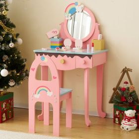 Kids Vanity Table and Chair Set with 7pcs Pretend Play Makeup Toys, Girls Vanity with Mirror & Stool, 3 Drawers & Tabletop Storage, Princess Table fo