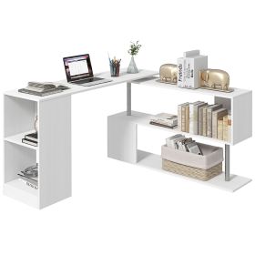 55" Corner Computer Desk, 360Ã‚Â° Rotating L-Shaped Desk, Home Office Workstation with 3-Tier Shelves, Bookshelf, White