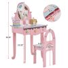 Kids Vanity Table and Chair Set with 7pcs Pretend Play Makeup Toys, Girls Vanity with Mirror & Stool, 3 Drawers & Tabletop Storage, Princess Table fo