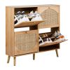 2 rows of 4 dump buckets with high feet arched rattan surface shoe cabinet density board with triamine 105*24*98cm original wood color